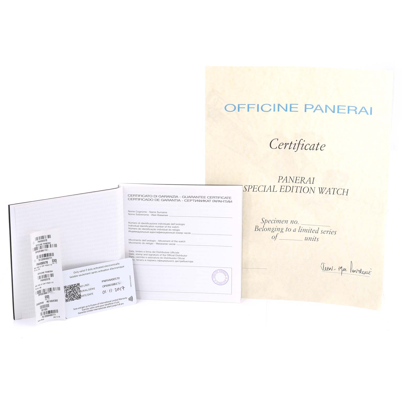 This image shows Panerai Radiomir PAM00570 Men's Rose Gold Brown Dial PAM00570 Men's Rose Gold Brown Dial model watch documentation and a certificate from a front angle.