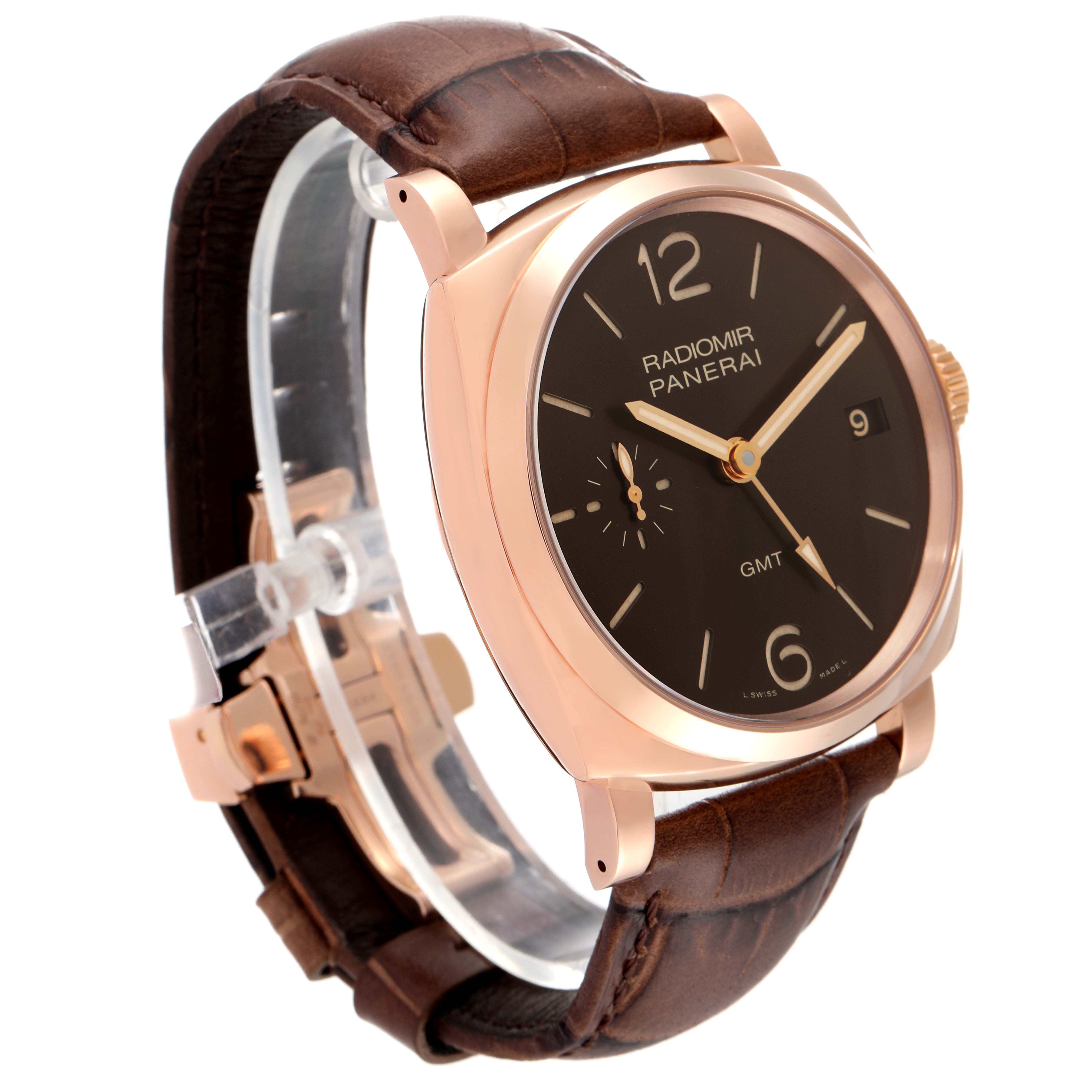 The image shows a Panerai Radiomir PAM00570 Men's Rose Gold Brown Dial PAM00570 Men's Rose Gold Brown Dial watch from an angled front view, highlighting its dial, case, crown, and leather strap.