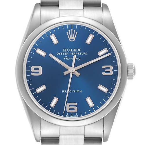 The Rolex Air-King 14000M Men's Stainless Steel Blue Dial 14000M Men's Stainless Steel Blue Dial watch is shown from the front, displaying its blue dial, bezel, case, and part of the bracelet.