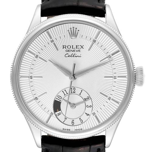 The image shows the front view of a Rolex Cellini 50529 Men's White Gold Silver Dial 50529 Men's White Gold Silver Dial watch, highlighting the dial, markers, hands, and part of the strap.
