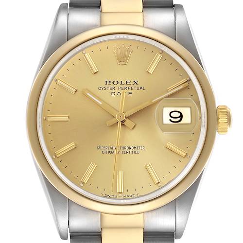 This image shows a front view of the Rolex Date 15203 Men's Steel and Gold (two tone) Champagne Dial 15203 Men's Steel and Gold (two tone) Champagne Dial, highlighting the dial, bezel, crown, and part of the bracelet.