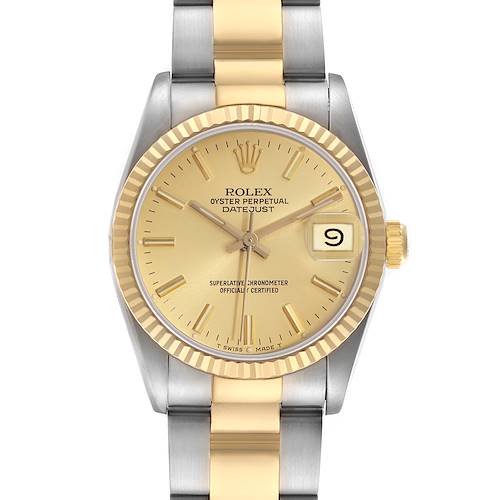 The image shows a front view of the Rolex Datejust Mid-Size model, highlighting the dial, hands, bezel, and part of the band.