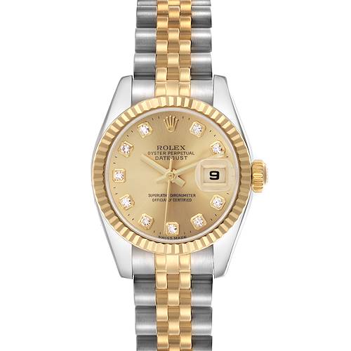 The Rolex Datejust 179173 Women's Steel and Gold (two tone) Champagne Dial 179173 Women's Steel and Gold (two tone) Champagne Dial watch is shown from a front angle, displaying the dial, bezel, crown, and bracelet.