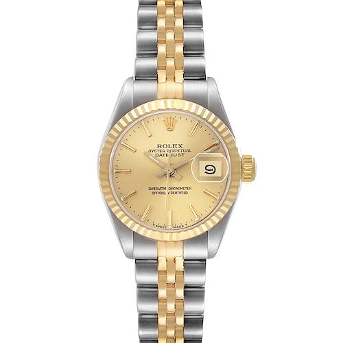 The Rolex Datejust 69173 Women's Steel and Gold (two tone) Champagne Dial 69173 Women's Steel and Gold (two tone) Champagne Dial watch is shown from a front angle, highlighting the dial, bezel, and two-tone bracelet.