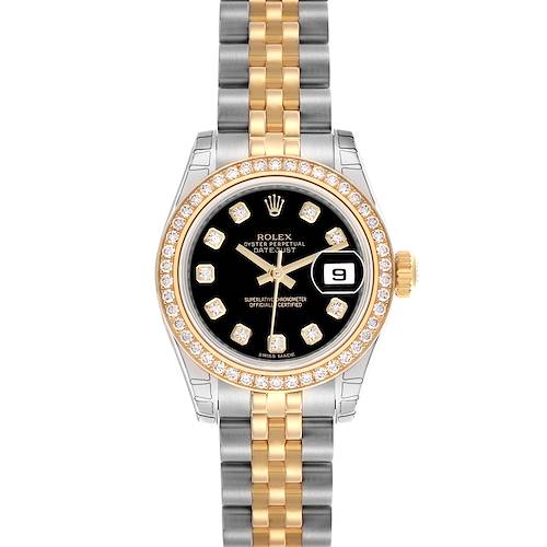 The Rolex Datejust 179383 Women's Steel and Gold (two tone) Black Dial 179383 Women's Steel and Gold (two tone) Black Dial is shown from a top-down angle, highlighting its two-tone bracelet, diamond bezel, and black dial.