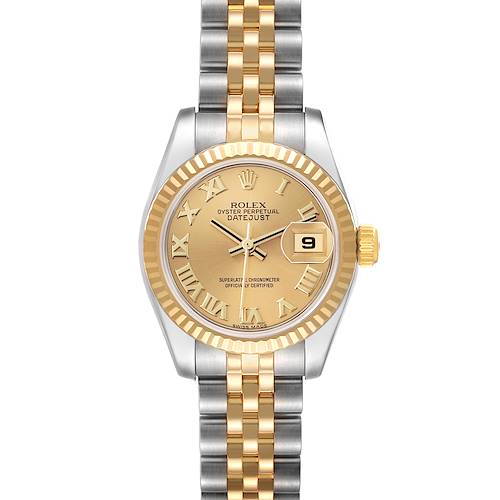 The Rolex Datejust 179173 Women's Steel and Gold (two tone) Champagne Dial 179173 Women's Steel and Gold (two tone) Champagne Dial watch is shown from a top-down angle, highlighting the gold and silver bracelet, dial, and fluted bezel.