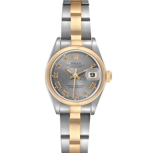 The Rolex Datejust 69163 Women's Steel and Gold (two tone) Grey Dial 69163 Women's Steel and Gold (two tone) Grey Dial watch is shown from a top-down angle, displaying the face, bezel, and part of the bracelet.