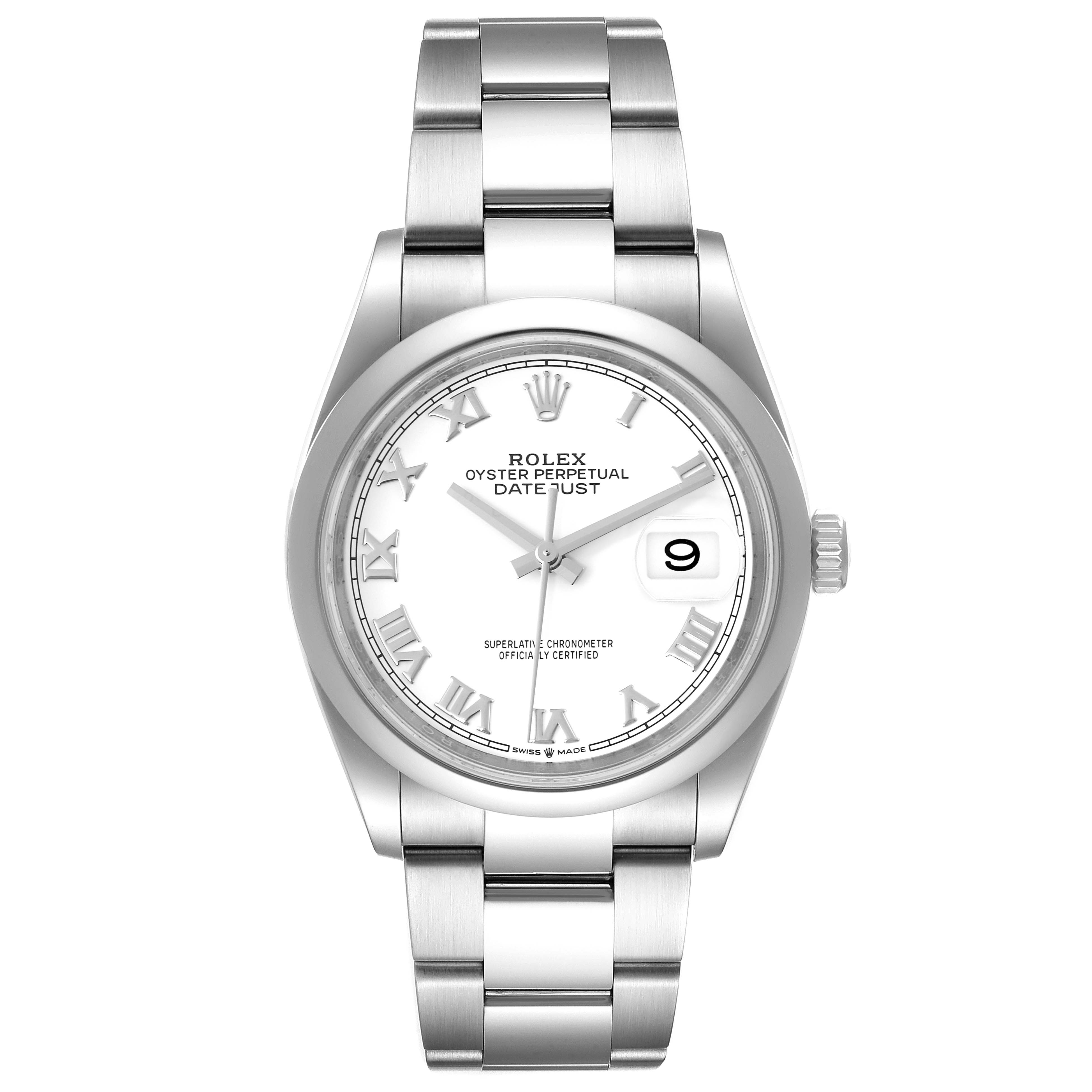 This Rolex Datejust 126200 Men's Stainless Steel White Dial 126200 Men's Stainless Steel White Dial watch is shown from a front angle, displaying the bracelet, dial, hands, and date window.