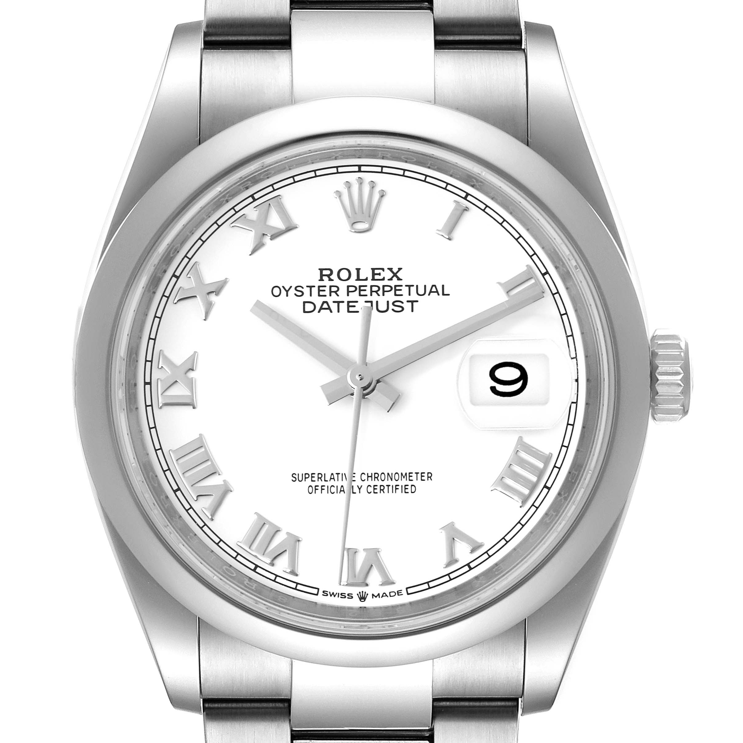 The image shows a front view of a Rolex Datejust 126200 Men's Stainless Steel White Dial 126200 Men's Stainless Steel White Dial watch, displaying its face, roman numeral markers, date window, and part of the bracelet.