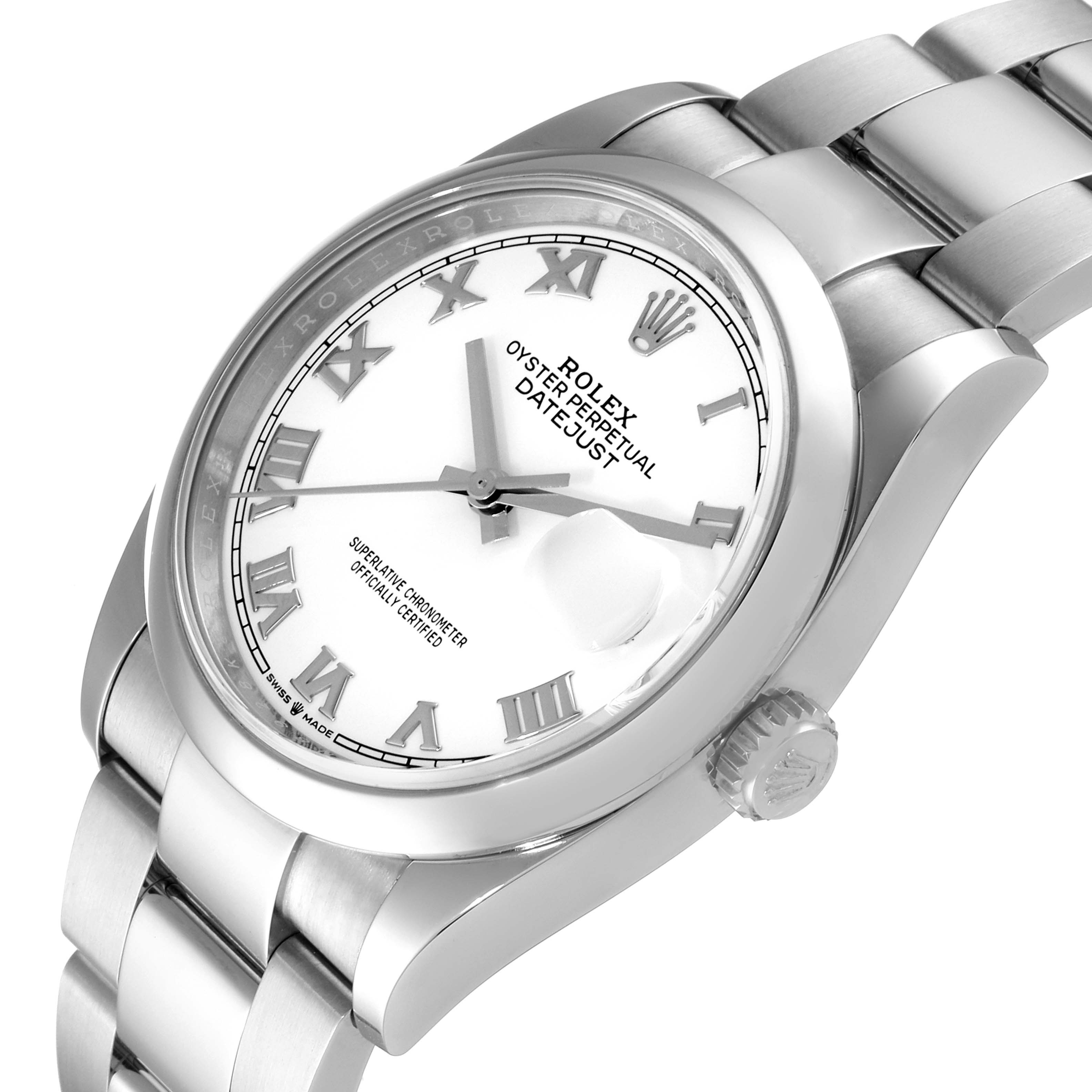 This image shows a Rolex Datejust 126200 Men's Stainless Steel White Dial 126200 Men's Stainless Steel White Dial watch from an angled top view, highlighting the dial, bezel, crown, and a portion of the bracelet.
