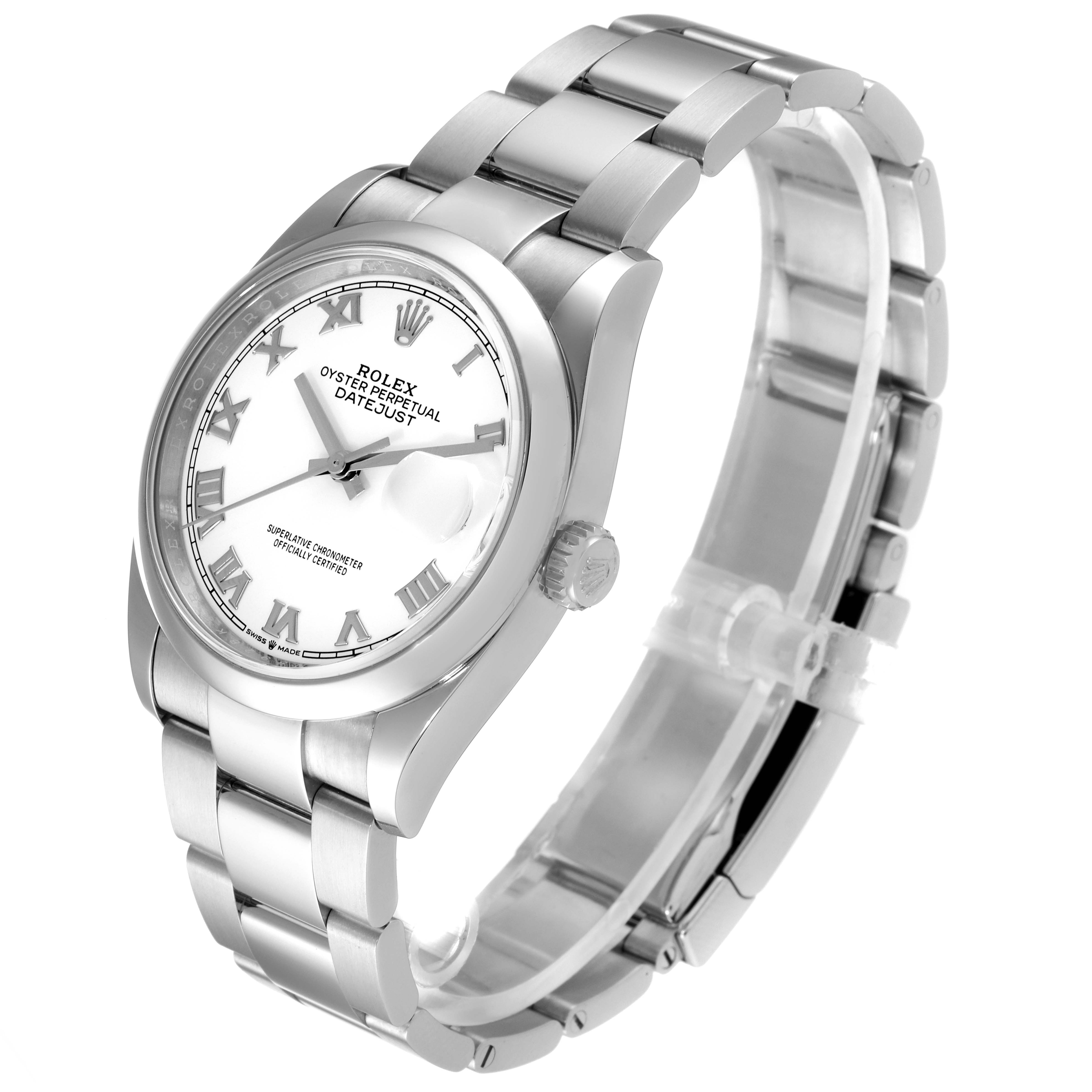 The Rolex Datejust 126200 Men's Stainless Steel White Dial 126200 Men's Stainless Steel White Dial watch is shown at a three-quarter angle, displaying its face, bezel, crown, and part of the bracelet.