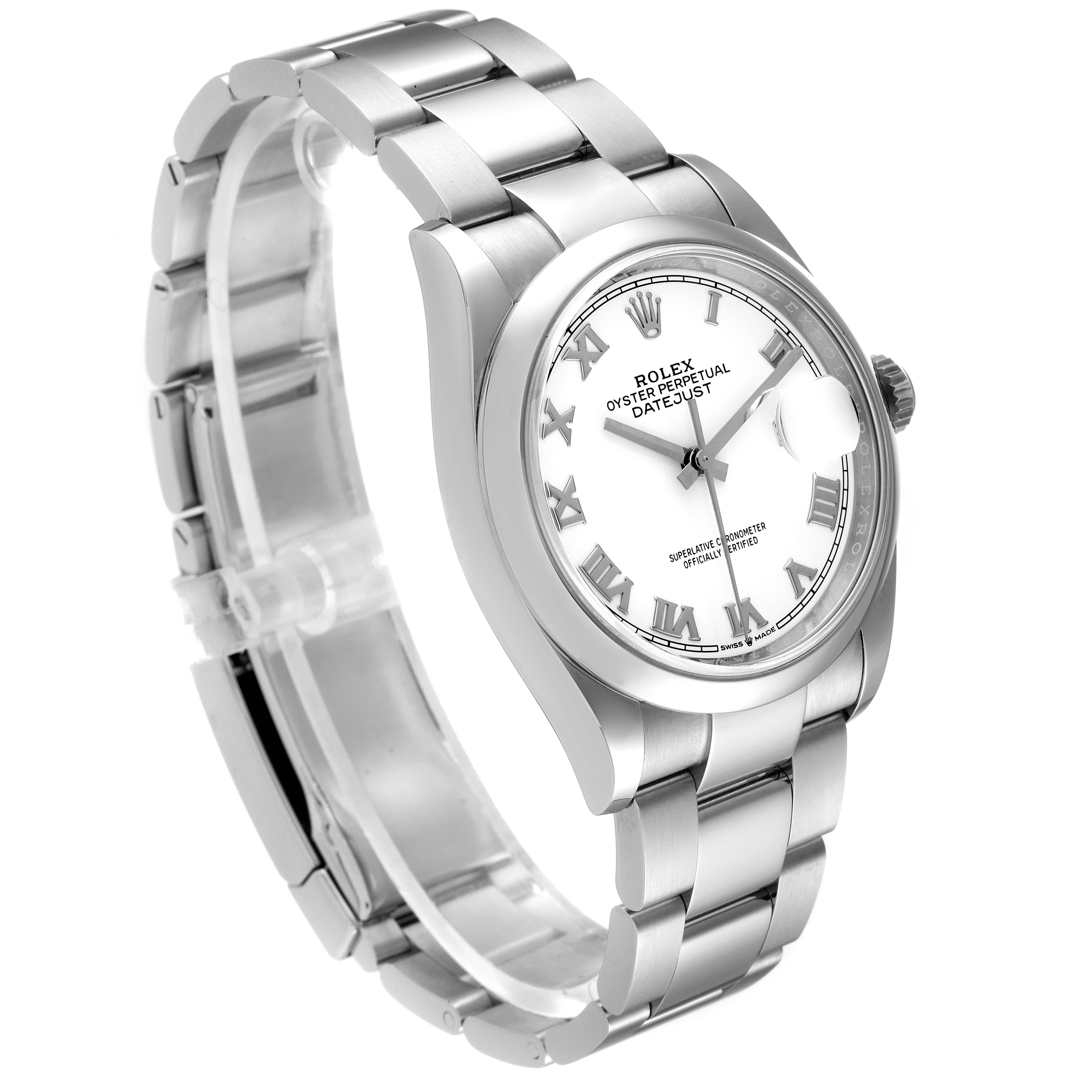 This image shows the Rolex Datejust 126200 Men's Stainless Steel White Dial 126200 Men's Stainless Steel White Dial watch from a front angle, highlighting the face, bezel, case, and bracelet.