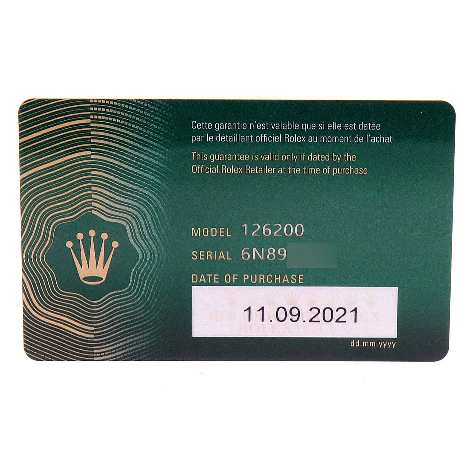 This image shows the warranty card for a Rolex Datejust 126200 Men's Stainless Steel White Dial 126200 Men's Stainless Steel White Dial model 126200 with a purchase date of 11.09.2021.