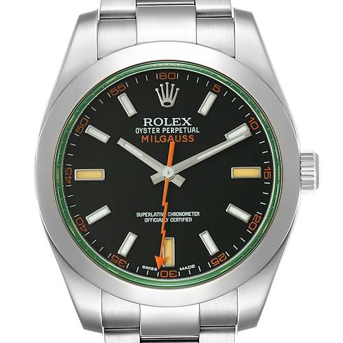 This image shows the Rolex Milgauss 116400GV Men's Stainless Steel Black Dial 116400GV Men's Stainless Steel Black Dial watch front-on, detailing the dial, hands, markers, and bracelet.