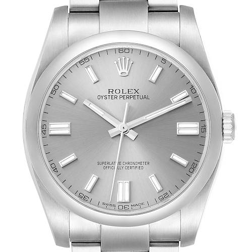 This image shows a Rolex Oyster Perpetual 116000 Men's Stainless Steel Grey Dial 116000 Men's Stainless Steel Grey Dial watch from a frontal angle, highlighting the dial, bezel, lugs, and bracelet.