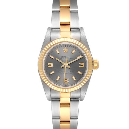 The image shows a front view of a Rolex Oyster Perpetual 76193 Women's Steel and Gold (two tone) Grey Dial 76193 Women's Steel and Gold (two tone) Grey Dial watch showcasing the face, bezel, and bi-color metal band.