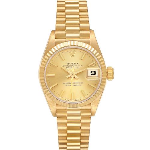 The Rolex President 69178 Women's Yellow Gold Champagne Dial 69178 Women's Yellow Gold Champagne Dial model is shown with a frontal view, displaying the dial, bezel, date window, and bracelet prominently.