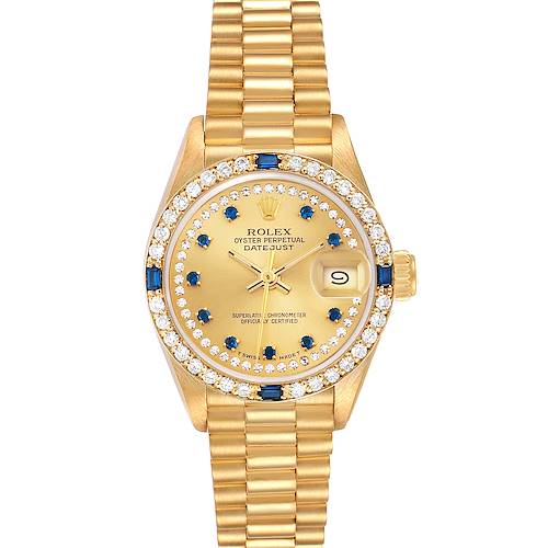 The Rolex President 69088 Women's Yellow Gold Champagne Dial 69088 Women's Yellow Gold Champagne Dial model watch is shown from a top view, highlighting the face, bezel, and bracelet.