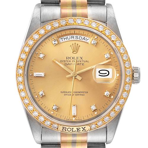 The image shows a Rolex President 18349 Men's White Gold Champagne Dial 18349 Men's White Gold Champagne Dial model watch from a frontal angle, highlighting the dial, bezel, and partial bracelet.