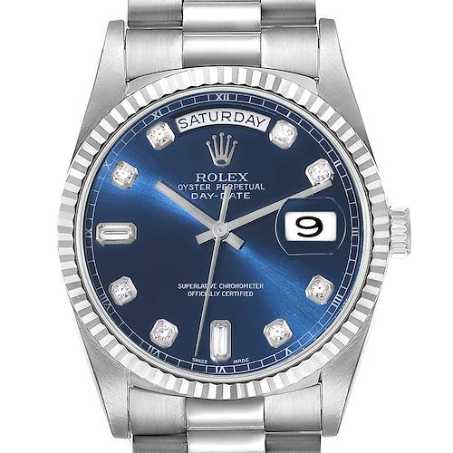 The image shows a front view of the Rolex President 18239A Men's White Gold Blue Dial 18239A Men's White Gold Blue Dial watch, displaying the dial, date, day, hands, and part of the bracelet.