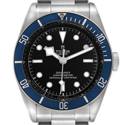 The image shows a front view of the Tudor Heritage Black Bay 79230B Men's Stainless Steel Black Dial 79230B Men's Stainless Steel Black Dial watch, highlighting its dial, bezel, and part of the bracelet.