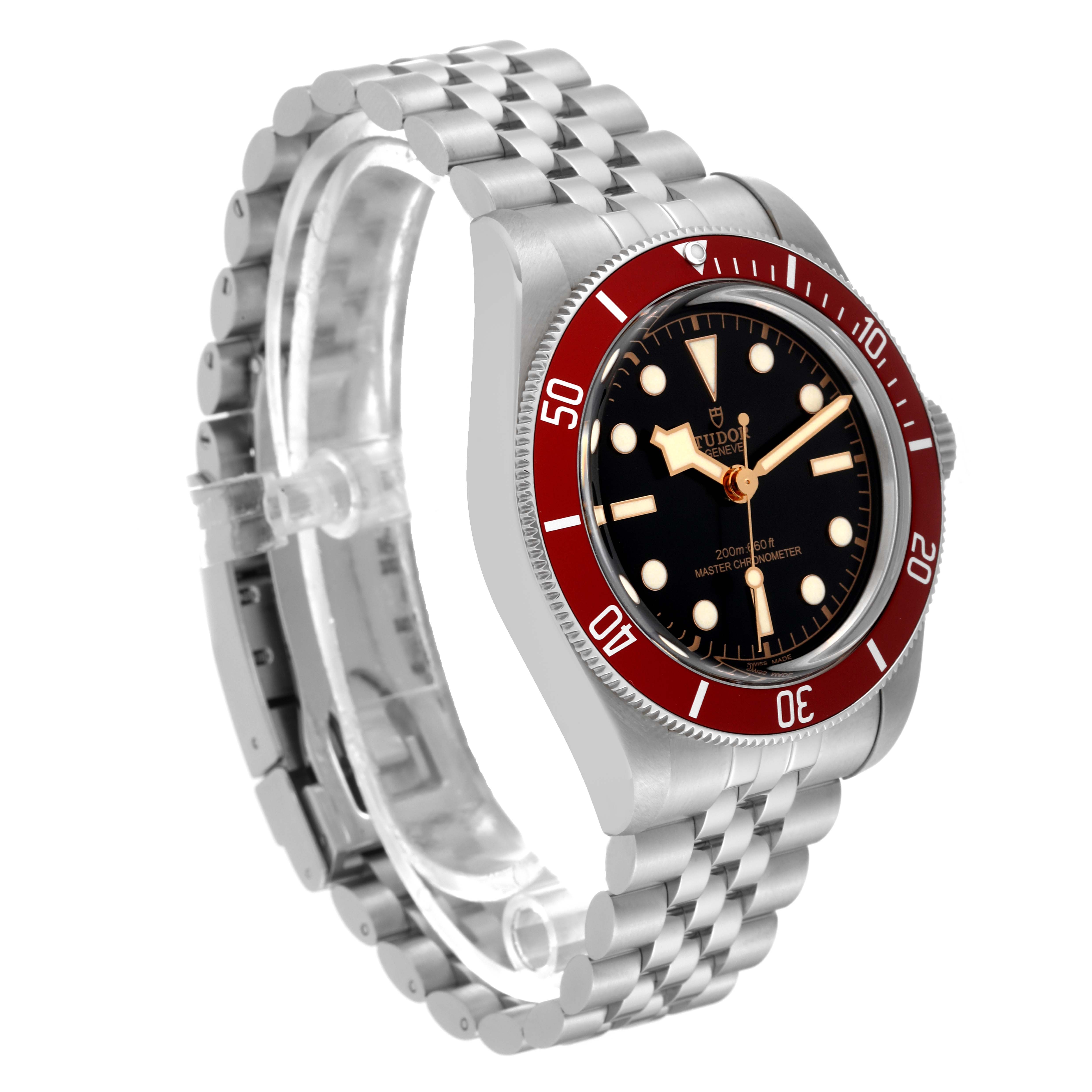 The image shows a Tudor Heritage Black Bay 7941A1A0RU Men's Stainless Steel Black Dial 7941A1A0RU Men's Stainless Steel Black Dial watch at a three-quarter angle, highlighting its red bezel, black dial, and stainless steel bracelet.