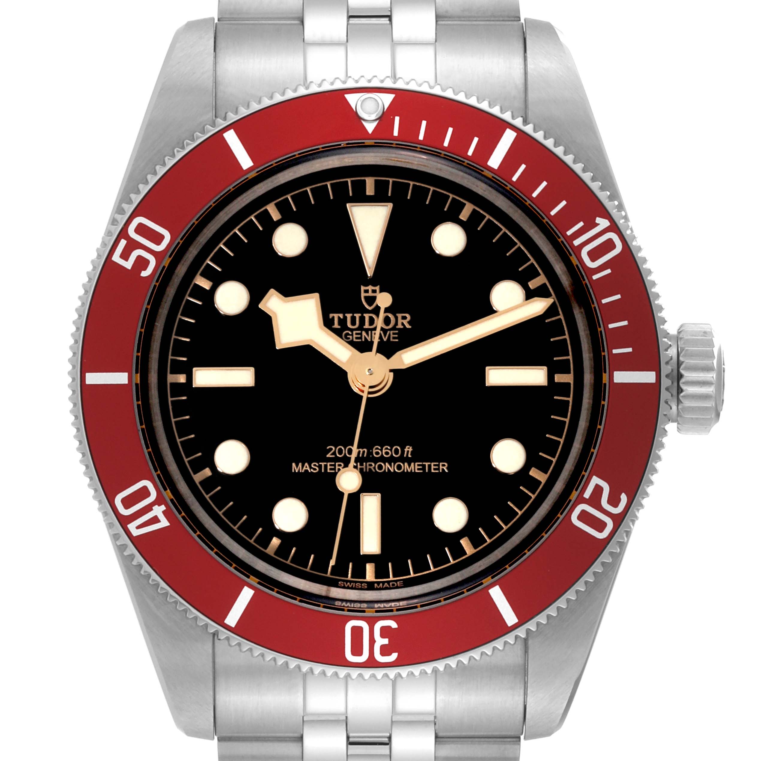 This image shows a front view of the Tudor Heritage Black Bay 7941A1A0RU Men's Stainless Steel Black Dial 7941A1A0RU Men's Stainless Steel Black Dial watch, highlighting its red bezel, black dial, and stainless steel bracelet.