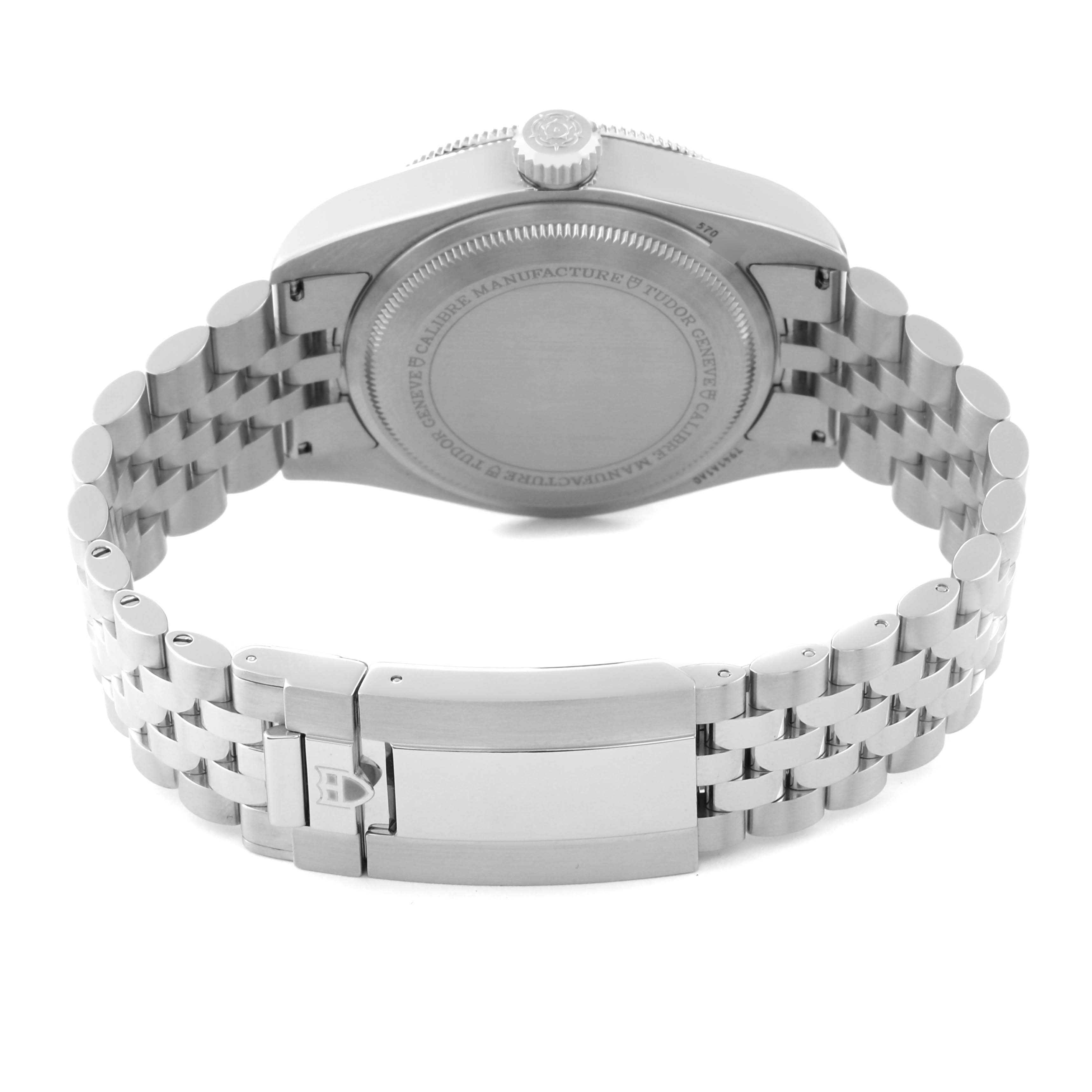 The image shows the back and bracelet of a Tudor Heritage Black Bay 7941A1A0RU Men's Stainless Steel Black Dial 7941A1A0RU Men's Stainless Steel Black Dial watch, highlighting the closed clasp and case back.