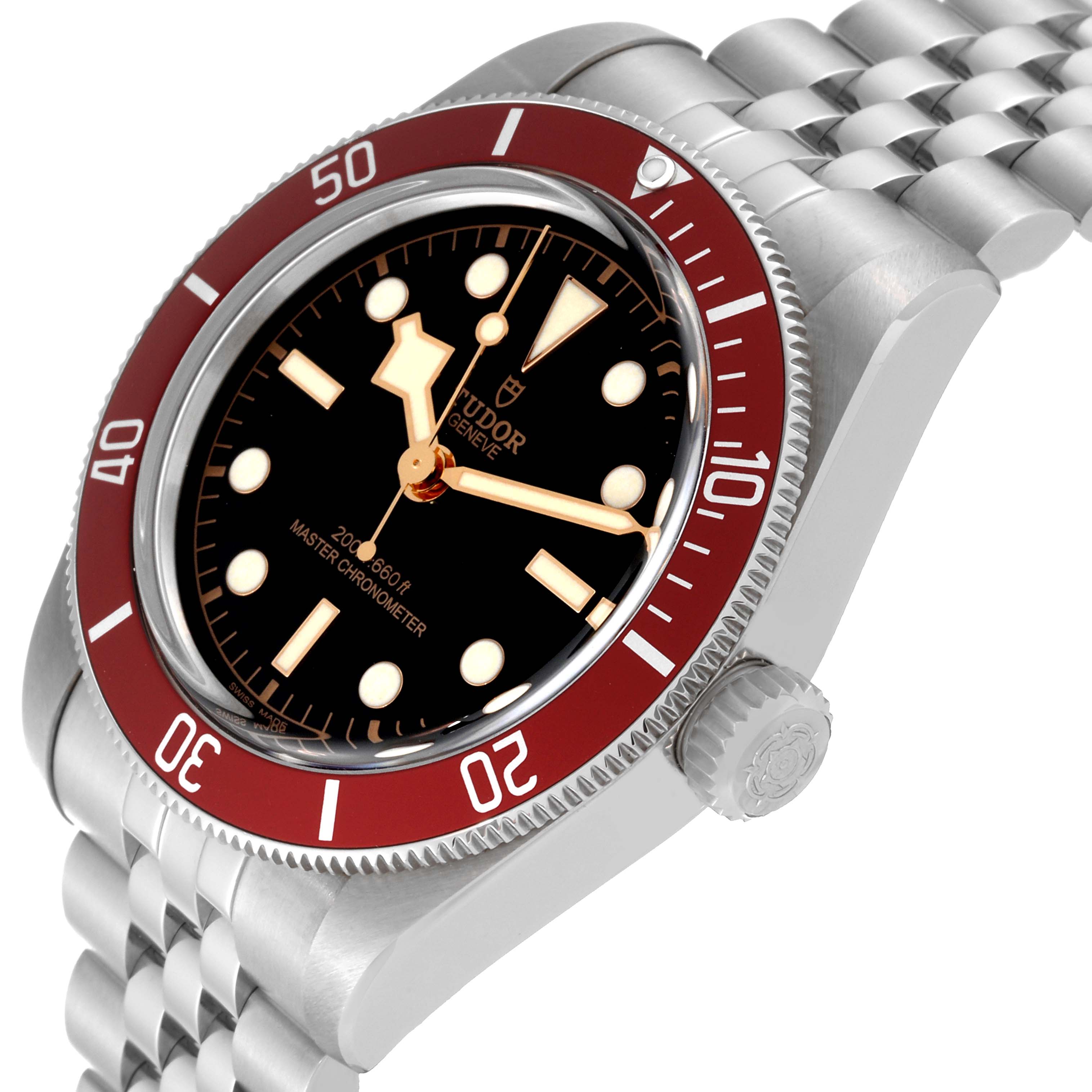 The Tudor Heritage Black Bay 7941A1A0RU Men's Stainless Steel Black Dial 7941A1A0RU Men's Stainless Steel Black Dial watch is shown at an angle displaying the dial, bezel, crown, and part of the bracelet.