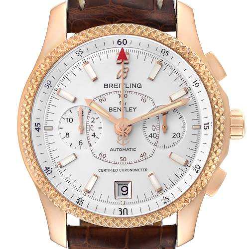 The image shows a front view of a Breitling Bentley R26362 Men's Rose Gold Silver Dial R26362 Men's Rose Gold Silver Dial Limited Series watch, highlighting the dial, bezel, and straps.