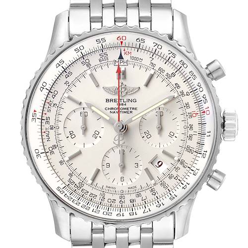 This image shows a close-up front view of a Breitling Navitimer AB0123 Men's Stainless Steel Silver Dial AB0123 Men's Stainless Steel Silver Dial watch, highlighting the dial, bezel, subdials, and bracelet.