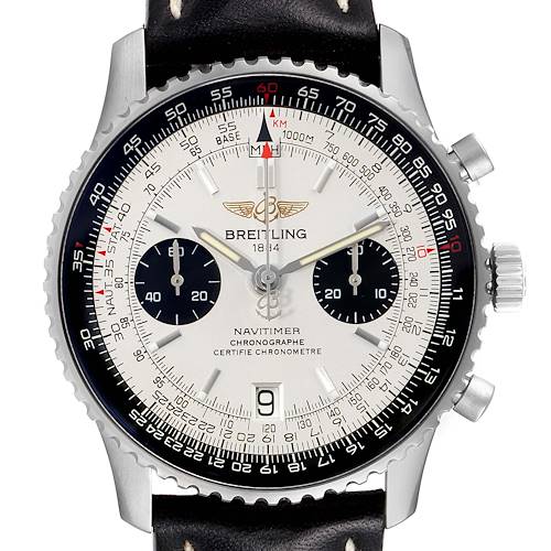This image shows a frontal view of the Breitling Navitimer A23330 Men's Stainless Steel Silver Dial A23330 Men's Stainless Steel Silver Dial watch, displaying its face, chronograph dials, and part of the black leather strap.