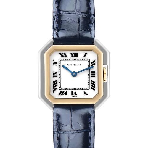 The Cartier Ceinture 78100 Women's Steel and Gold (two tone) White Dial 78100 Women's Steel and Gold (two tone) White Dial watch is shown from a front angle, highlighting the square dial, blue hands, and leather strap.