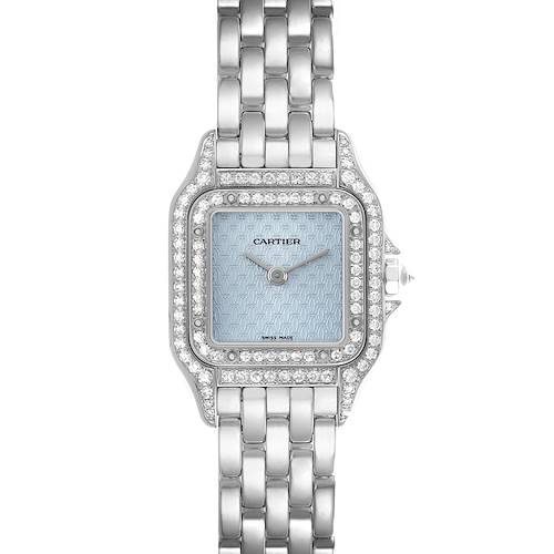 The image shows a Cartier Panthere WF3249F3 Women's White Gold Blue Dial WF3249F3 Women's White Gold Blue Dial watch from a top-down angle, highlighting the face, bezel, and bracelet.