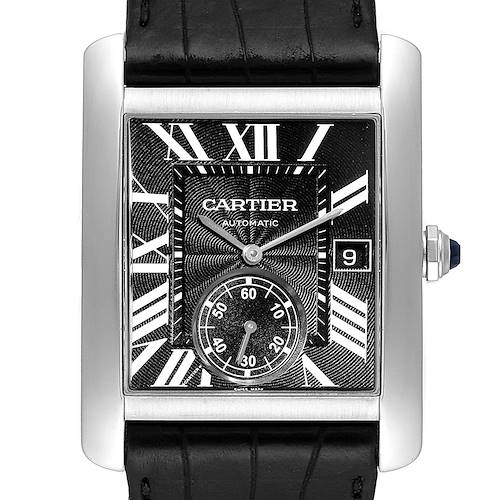 The image displays a frontal view of the Tank MC by Cartier, highlighting the watch face, black leather strap, and date display.