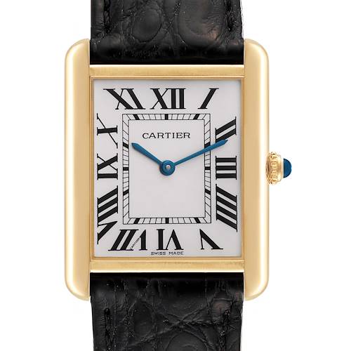 The image shows a frontal view of the Cartier Tank Solo W1018855 Men's Steel and Gold (two tone) Silver Dial W1018855 Men's Steel and Gold (two tone) Silver Dial watch, featuring its rectangular face and leather strap.