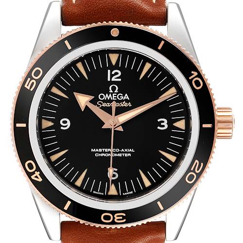 The image shows a front view of the Omega Seamaster 233.22.41.21.01.002 Men's Steel and Gold (two tone) Black Dial 233.22.41.21.01.002 Men's Steel and Gold (two tone) Black Dial watch face, bezel, crown, and part of the leather strap.