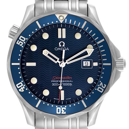 The Omega Seamaster 2221.80.00 Men's Stainless Steel Blue Dial 2221.80.00 Men's Stainless Steel Blue Dial watch is shown from the front, highlighting the dial, bezel, and partial bracelet.