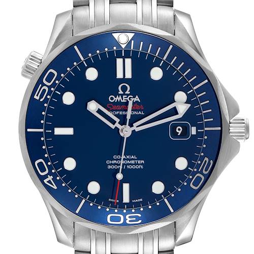 The Omega Seamaster 212.30.41.20.03.001 Men's Stainless Steel Blue Dial 212.30.41.20.03.001 Men's Stainless Steel Blue Dial watch is shown from a front angle, displaying the dial, bezel, and part of the bracelet.