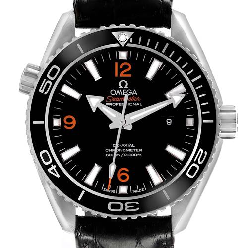 The image shows a front view of an Omega Seamaster Planet Ocean watch, highlighting the dial, bezel, and crown.