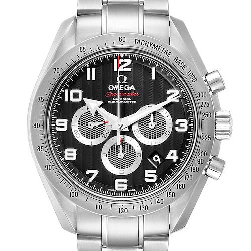 This image shows a front view of an Omega Speedmaster 321.10.44.50.01.001 Men's Stainless Steel Black Dial 321.10.44.50.01.001 Men's Stainless Steel Black Dial watch, displaying its dial, bezel, pushers, and bracelet.