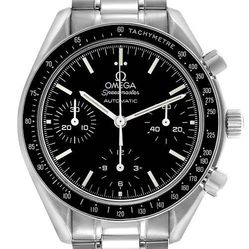 The Omega Speedmaster 3539.50.00 Men's Stainless Steel Black Dial 3539.50.00 Men's Stainless Steel Black Dial is shown from a frontal angle, displaying the dial, bezel, sub-dials, and crown.