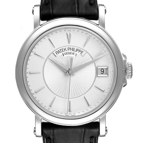 This is a front-view image of a Patek Philippe Calatrava 5153G Men's White Gold Silver Dial 5153G Men's White Gold Silver Dial watch, showing the dial, hands, date window, and crown.