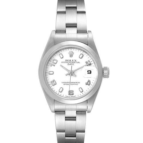 The image shows a front view of a Rolex Oyster Perpetual Date watch with a white dial and a stainless steel bracelet.