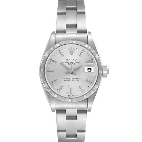 The Rolex Date 79190 Women's Stainless Steel Silver Dial 79190 Women's Stainless Steel Silver Dial watch is shown from the front, displaying the face, bezel, bracelet, and date magnifier.