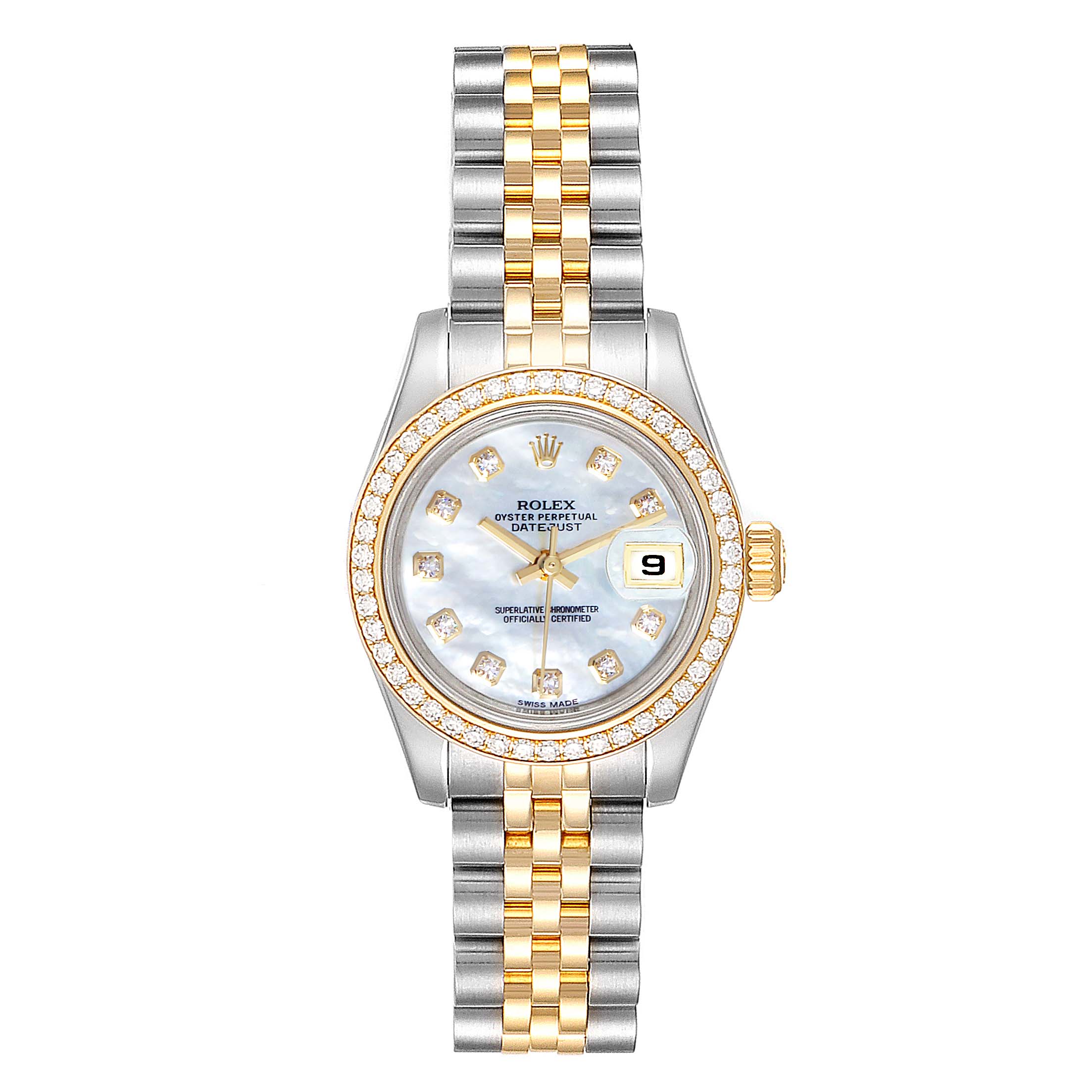 This image shows a Rolex Datejust 179383 Women's Steel and Gold (two tone) Mother of Pearl Dial 179383 Women's Steel and Gold (two tone) Mother of Pearl Dial watch from a top-down angle, featuring a two-tone bracelet and a diamond bezel.