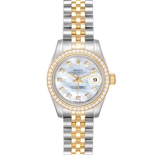 This image shows a frontal view of a Rolex Datejust 179383 Women's Steel and Gold (two tone) Mother of Pearl Dial 179383 Women's Steel and Gold (two tone) Mother of Pearl Dial watch, displaying the dial, date, bezel, crown, and part of the bracelet.