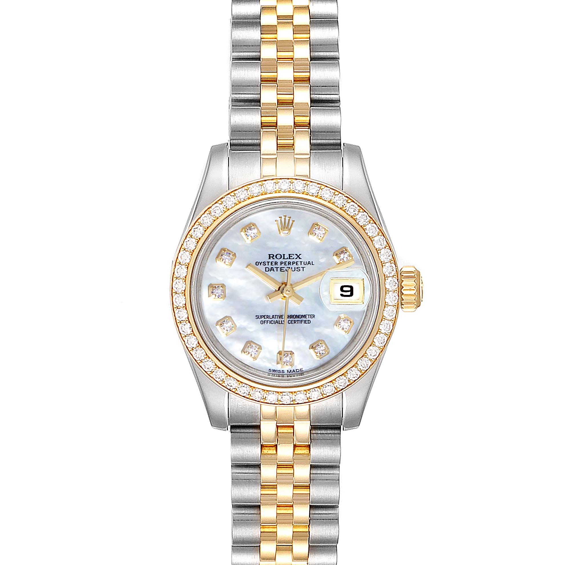 The image shows a Rolex Datejust 179383 Women's Steel and Gold (two tone) Mother of Pearl Dial 179383 Women's Steel and Gold (two tone) Mother of Pearl Dial watch from a top-down angle, highlighting its dial, bezel, and bracelet.