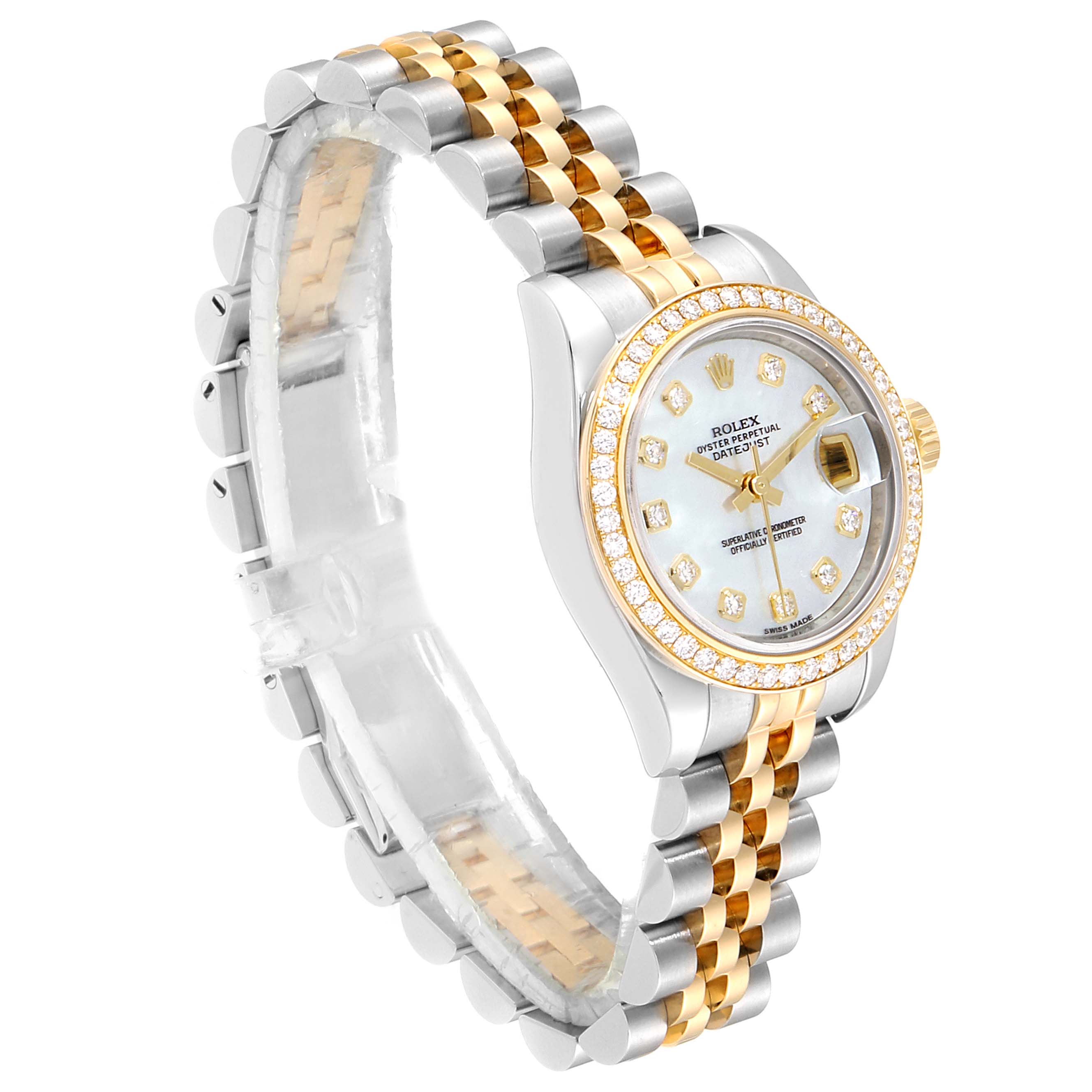This image shows a side angle of the Rolex Datejust 179383 Women's Steel and Gold (two tone) Mother of Pearl Dial 179383 Women's Steel and Gold (two tone) Mother of Pearl Dial, highlighting its two-tone bracelet, diamond bezel, and dial.
