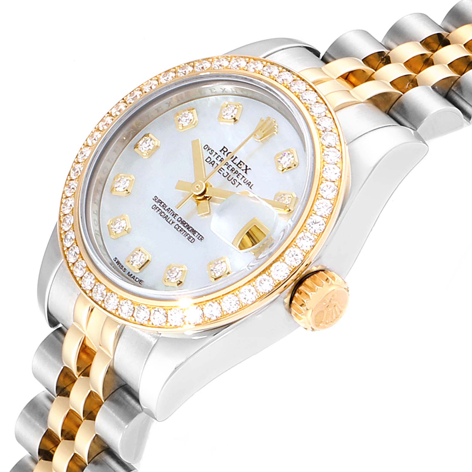 The Rolex Datejust 179383 Women's Steel and Gold (two tone) Mother of Pearl Dial 179383 Women's Steel and Gold (two tone) Mother of Pearl Dial watch is shown at a slight angle, highlighting its bezel, dial, crown, and part of the bracelet.